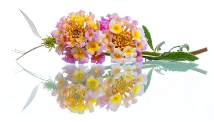 Close-up of delicate flowers with a mix of yellow, pink, and orange hues lying on a reflective surface, showcasing intricate details