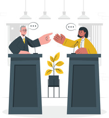 Two debaters gesturing during a formal discussion at podiums in a modern, well-lit conference hall with plants