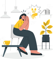 Woman sitting on chair, resting her head in hands, contemplating, surrounded by minimalistic modern decor and a potted plant nearby