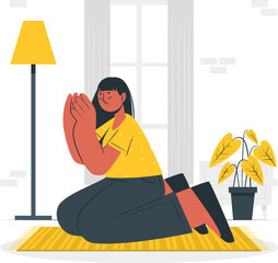 Woman practicing yoga on a mat in a serene living room with a plant and lamp nearby, viewed from the side.