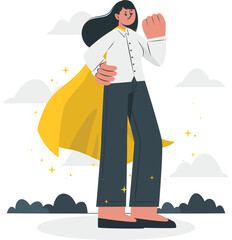 Illustration of a young businesswoman wearing a cape standing confidently with a determined expression in a minimalist environment.