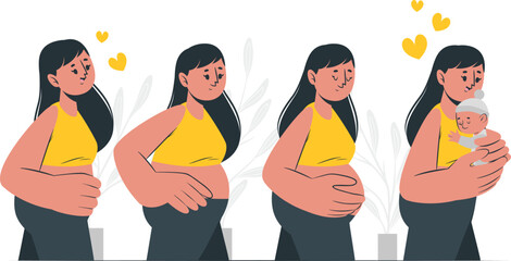 A woman's weight loss journey depicted through four stages, showcasing her transformation with a healthy drink and a positive outlook, set against a simple background.