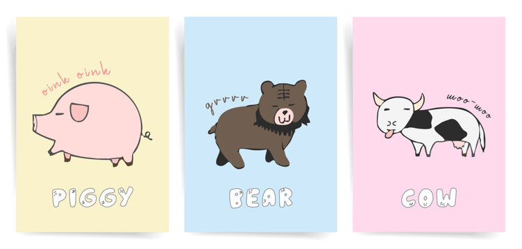Pastel Cute Animal Nursery Posters Set with Pig Bear Cow Characters, Kids Room Wall Art Print Collection, Hand Drawn Vector Illustration
