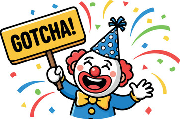 Fototapeta premium Happy Clown Holding GOTCHA Sign with Confetti
