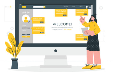 A woman interacts with a large computer screen displaying a welcome interface with various interactive elements and a plant nearby indoors