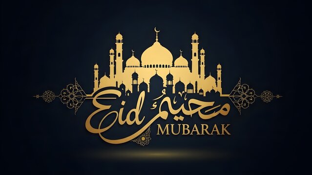 Elegant eid mubarak celebration design with mosque silhouette and festive decorations
