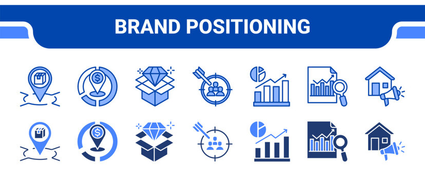 Brand Positioning Icon Collection,  featuring Brand positioning, Market positioning, Value proposition, Target marketing, Market analysis, Competitive analysis, Advertising.