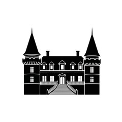 Obraz premium Black Silhouette of a Grand European Castle with Towers and Stairs