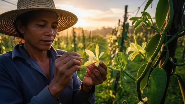 A vanilla farmer in Madagascar hand-pollinating delicate vanilla orchid flowers at sunrise in a lush, green plantation, a painstaking and precise process.