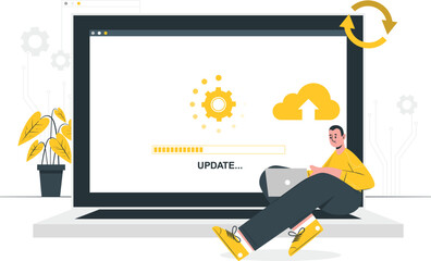 Man relaxing with laptop, update progress on screen, surrounded by plants, sunny environment, viewed from slightly above.