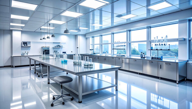 Medical Lab Wide Angle View Clean Geometric Symmetry and Cool Lighting