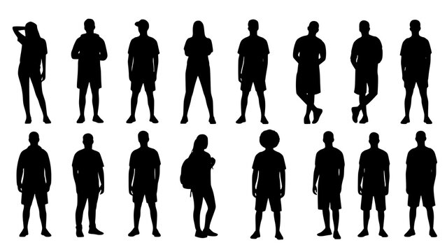 Vector silhouettes of young men, illustration. Silhouettes of young people posing in casual clothes. JPEG version.