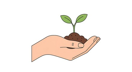 Human hand gently cradling young green sprout growing from soil representing new beginnings hope and environmental conservation efforts in clean flat vector style