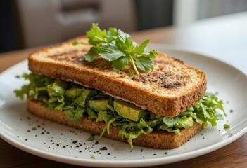 Freshly made grilled sandwich with avocado and greens on a white plate. avocado panini