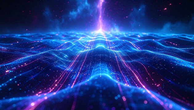 Neural Network Lines Converging with Blue Violet Neon Glow