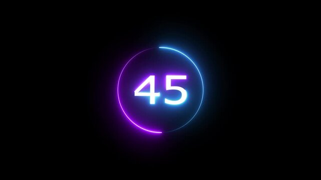 Glowing count neon number 45 text animation on black background. Neon number with circle animation.