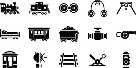 A collection of black silhouette icons representing various elements of train travel and railway infrastructure © MohammadSakhawat
