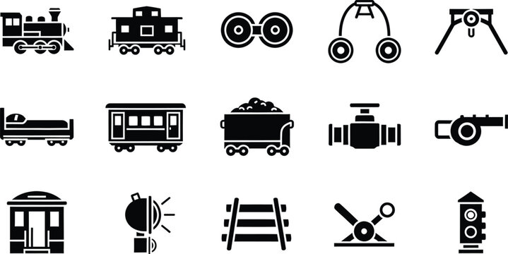 A collection of black silhouette icons representing various elements of train travel and railway infrastructure
