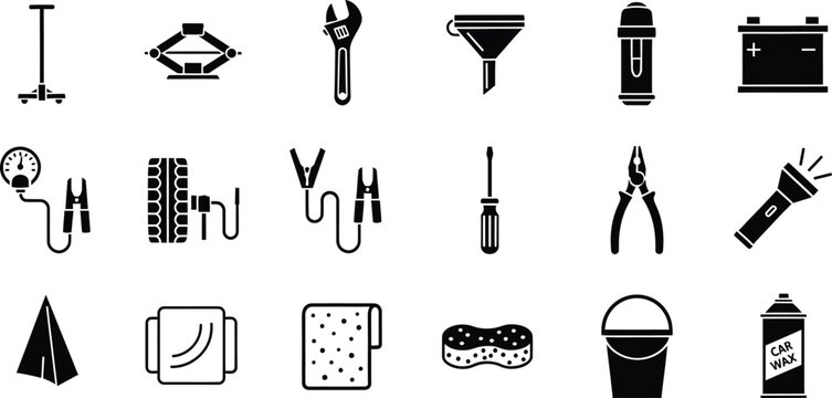 A collection of black and white icons representing essential car maintenance and cleaning tools