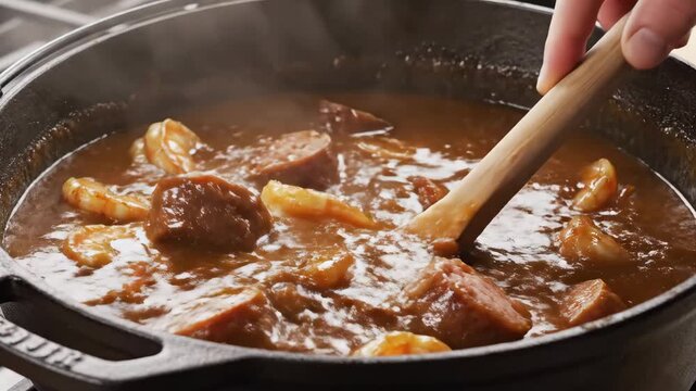 Cajun gumbo with shrimp and sausage stirred in a cast iron pot 4K Video