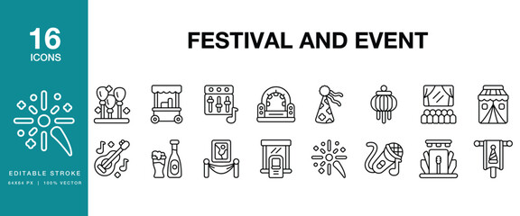 Festival And Event icon set. Includes festival, event, celebration, party, gathering and More. Editable Stroke Icon Collection.