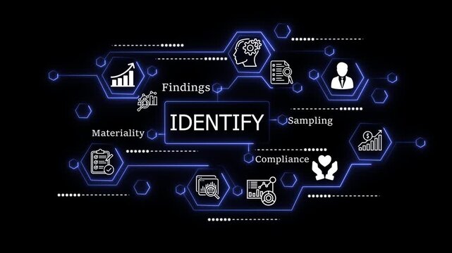 animation Team Collaborating on Business identify with Charts and Graphs, Focusing on Compliance, Sampling, Findings, and Materiality in a Modern Office Setting. animation on the black background.