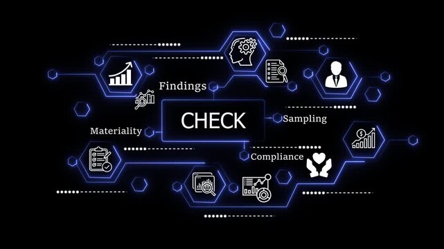 animation Team Collaborating on Business check with Charts and Graphs, Focusing on Compliance, Sampling, Findings, and Materiality in a Modern Office Setting. animation on the black background.