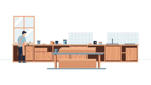 Craftsman working in woodshop with tools and material in workshop