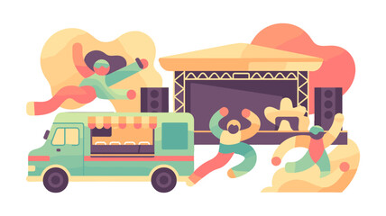 Fototapeta premium Festival scene with food truck and stage, celebrating and enjoying.