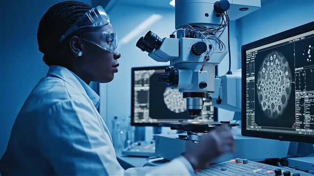 Focused female scientist meticulously examines cellular structures under a microscope in a modern high-tech laboratory setting highlighting research and innovation