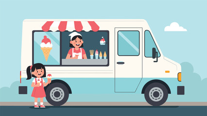 Happy young girl buys a delicious cold cone from an ice cream truck server on a sunny day representing summer joy and childhood memories.