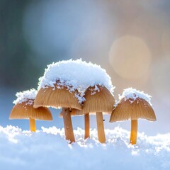 Close-up of delicate mushrooms, their golden caps dusted with a cap of snow. Sunlight enhances the wintry scene