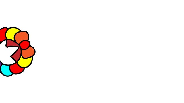 The animated icon features a cartoon-style rainbow wreath on a plain white background. The design is simple, characterized by a thick black outline and saturated, flat colors.