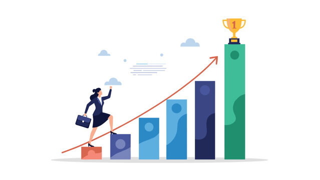 Determined businesswoman climbs up a rising bar chart to reach a golden trophy at the top signifying hard work and peak career achievement.