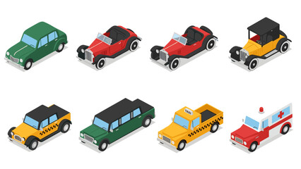 Isometric vintage and modern cars collection in various colors and