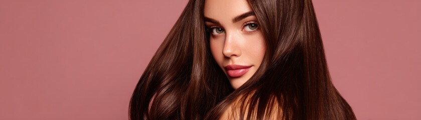 Fototapeta premium A close-up portrait of a woman with long, smooth, dark brown hair and subtle makeup against a muted pink background.