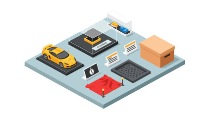 Obraz premium Isometric car exhibition display setup with accessories