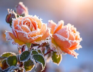 Close-up of delicate orange rose blossoms and buds, adorned with icy frost crystals, against a blurred, cold background