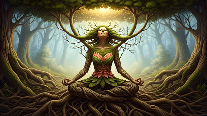 Naklejka premium A mystical woman transforming into a tree with roots spreading deep into the ground and branches growing from her head in a foggy forest