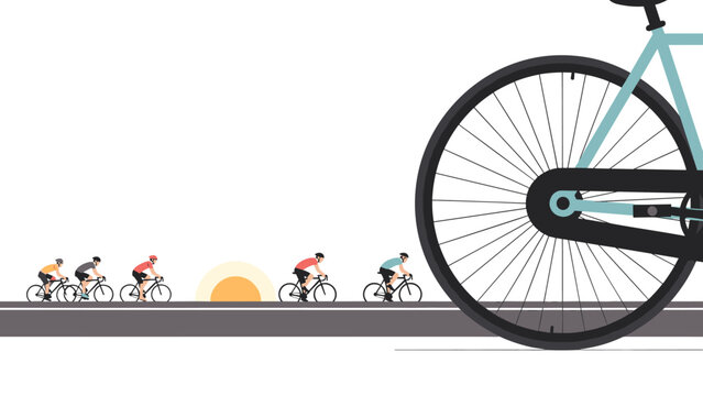 Cyclists in motion during sunrise with bicycle detail in flat design