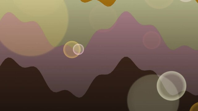 Seamless looping abstract motion background featuring undulating wavy shapes reminiscent of mountains or sound waves overlaid with floating transparent bokeh bubbles. utilizes a soft muted earth tone 
