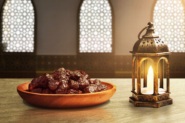 Dates fruit in wooden plate and glowing shiny arabic lantern on wooden table in mosque, eid adha mubarak concept