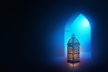 Shiny arabic lantern in the mosque window arch at night , Ramadan kareem background