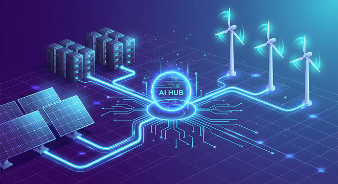 AI Hub managing renewable energy smart grid with solar panels wind turbines and data center servers for sustainable green power technology and industrial automation concept