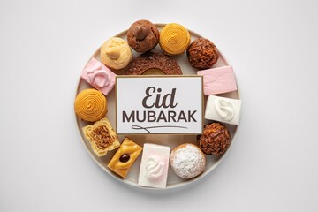 Assorted Colorful Pastries Arranged on Plate Celebrating Eid Mubarak with Festive Desserts Display