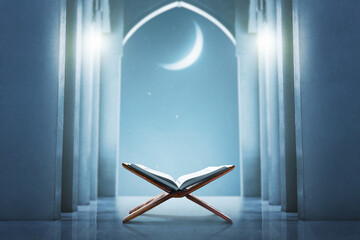 Holy book quran in the mosque at night with crescent moon, eid adha mubarak concept
