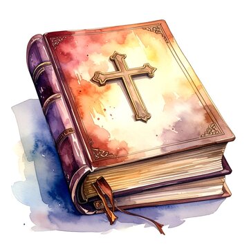 A watercolor painting of a bible with a cross on its cover