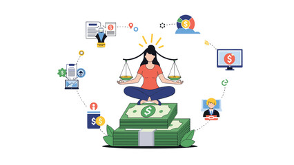 Fototapeta premium Professional woman finding work-life balance while meditating on a pile of money surrounded by various business and legal icons.