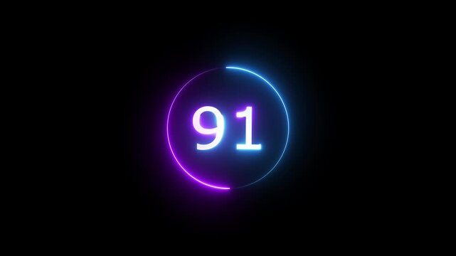 Glowing count neon number 91 text animation on black background. Neon number with circle animation.
