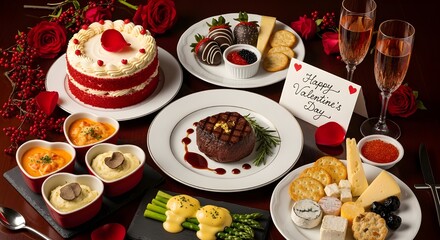 Luxury Valentine&rsquo;s Day Dinner Table with Steak, Cake and Champagne